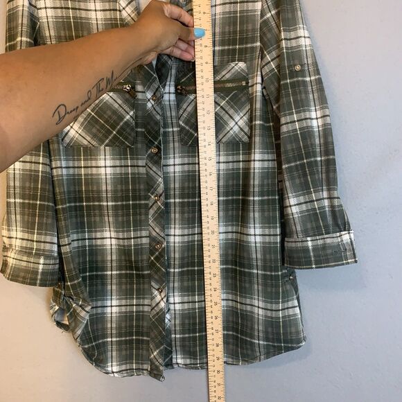 Eden & Olivia Green White Plaid Button Down Shirt Zip Pocket Top Small Womens - Picture 8 of 10